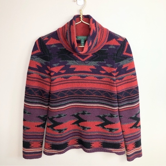 Fabulous Ralph Lauren 100% Lana Wool Aztec print turtle neck sweater M - Picture 1 of 7